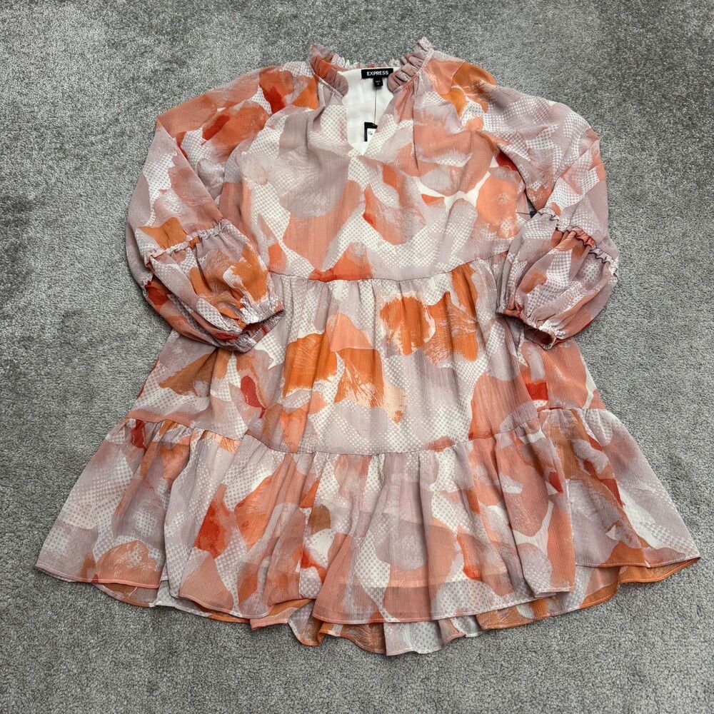 Express Floral Tiered Babydoll Mini Dress Womens Small Orange Chiffon Balloon